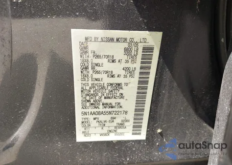 2005 Nissan Armada Le z USA, uszkodzony, nr VIN 5N1AA08A55N722178